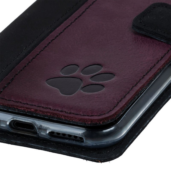 Handyhülle aus Leder Wallet case Duo - Nubuk Schwarz und Burgund  - Pfote - Transparentes TPU